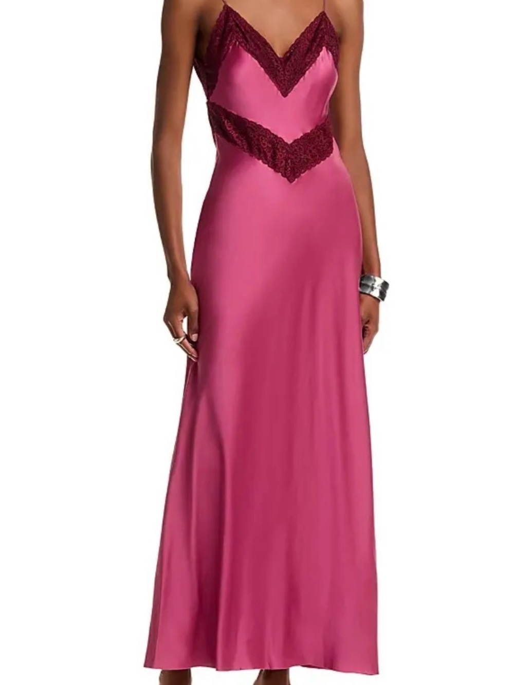 LoveShackFancy Fuchsia Slip Maxi Dress with Plum Lace Trim serita dress